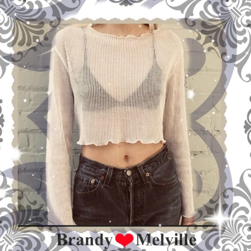 Tan long sleeve lettuce sheer ripped top